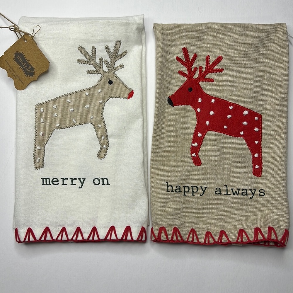 MUDPIE Hand Towels SET of 2 NEW‎ Christmas Reindeer Embroidered Hostess Holiday
